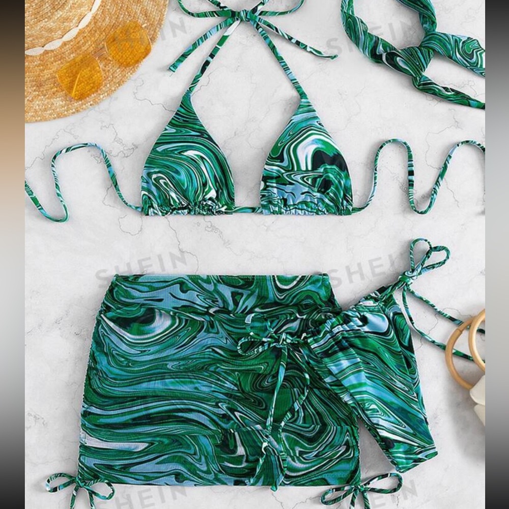 Marble print bikini swimsuit with beach skirt and bandana